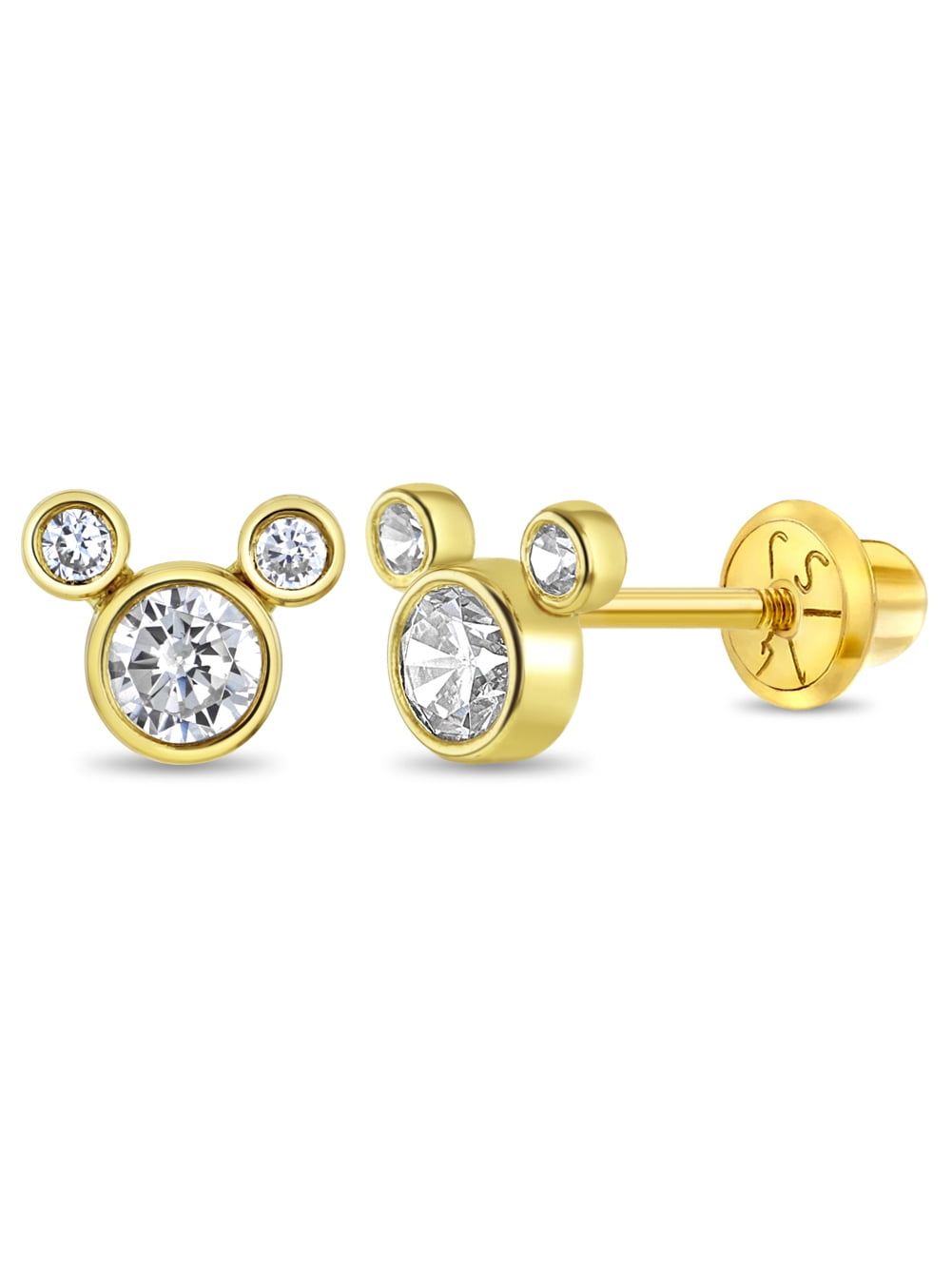 14k Gold Petite Mouse Clear CZ Kids / Child's / Girls Earrings Safety Screw Back