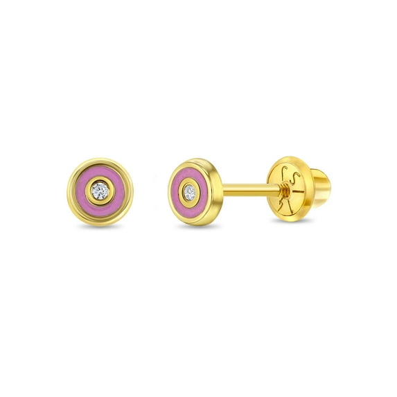 14k Gold Pink Donut Baby / Toddler / Kids Earrings Safety Screw Back Enamel