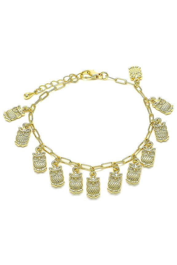 14k Gold Plated 7.5"+1" Bracelet W/12 Owl Charms On Paper Clip Link Chain