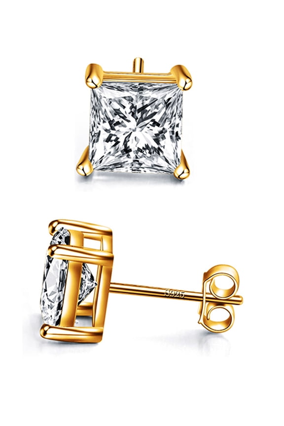 14k Gold Plated 925 Sterling Silver 4 Prong Square Shape Cubic Zirconia Stud Earrings