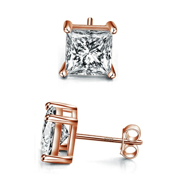 14k Gold Plated 925 Sterling Silver 4 Prong Square Shape Cubic Zirconia Stud Earrings