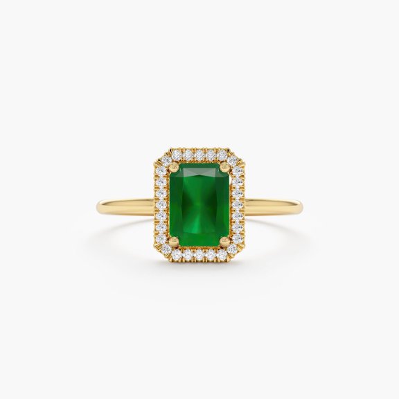 14k Gold Plated 925 Sterling Silver Emerald Ring, Engagement Ring, Halo Rectangular Setting, Large Emerald Ring For Mother Gift