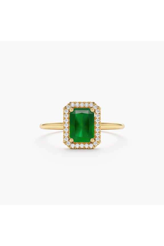 14k Gold Plated 925 Sterling Silver Emerald Ring, Engagement Ring, Halo Rectangular Setting, Large Emerald Ring For Mother Gift