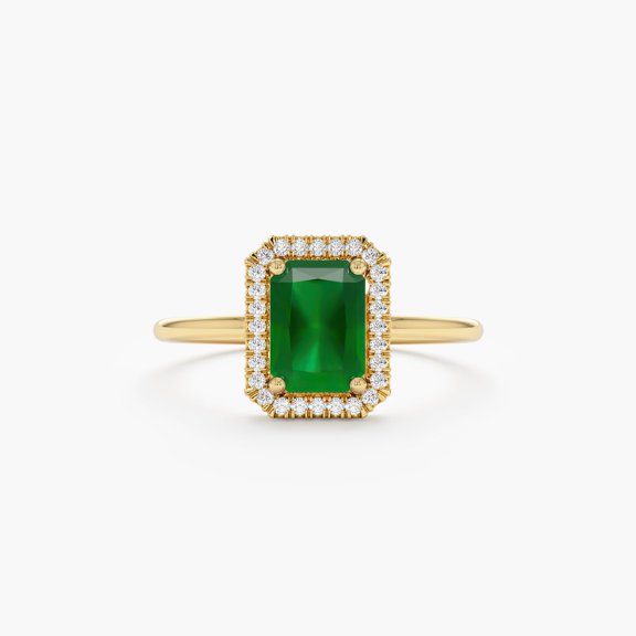 14k Gold Plated 925 Sterling Silver Emerald Ring, Engagement Ring, Halo Rectangular Setting, Large Emerald Ring For Mother Gift