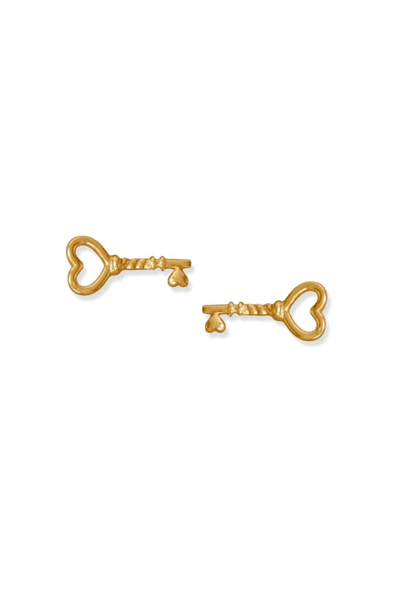 14k Gold Plated 925 Sterling Silver Love Heart Key Stud Earrings 14.3mm X 6.9mm Stud Earring for Women