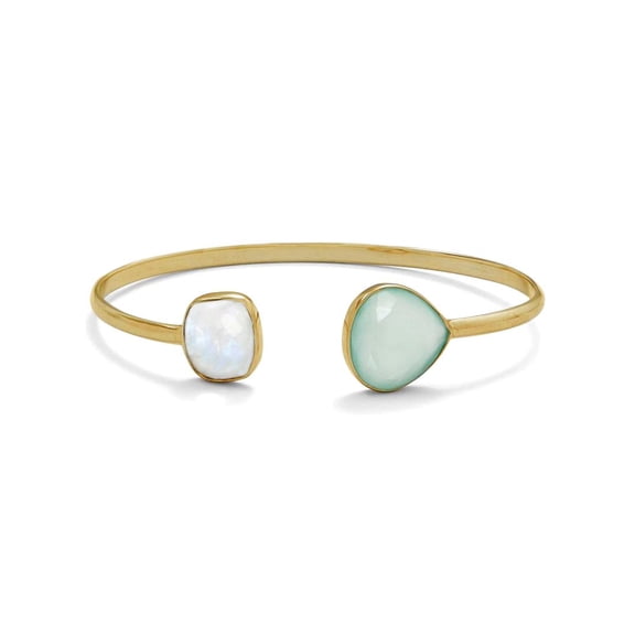 14k Gold Plated 925 Sterling Silver Rainbow Celestial Moonstone and Green Chalcedony Cuff 3mm Wide Bracelet Cuff Bracele