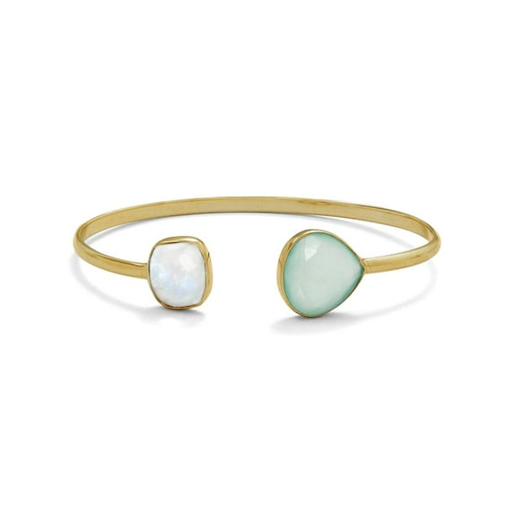 14k Gold Plated 925 Sterling Silver Rainbow Celestial Moonstone and Green Chalcedony Cuff 3mm Wide Bracelet Cuff Bracele