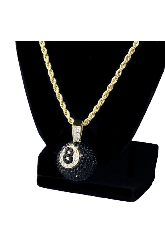 14k Gold Plated Black 8 Ball Rope Chain Iced Eight Charm Pool Billiards 24" Inch Necklace