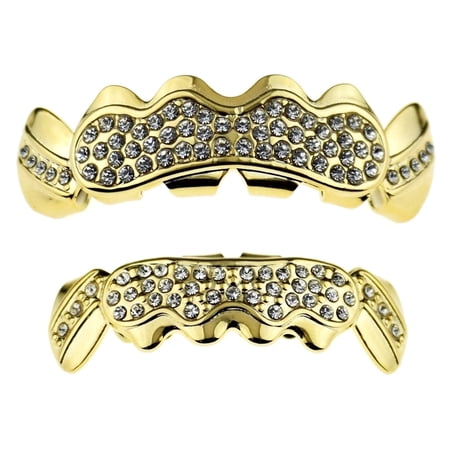 14k Gold Plated Bling Grillz Set Stone Cluster Top And Bottom Hip Hop Teeth Upper & Lower Grills