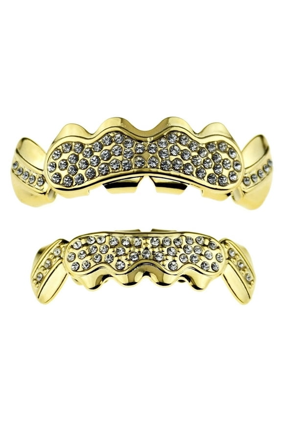 14k Gold Plated Bling Grillz Set Stone Cluster Top And Bottom Hip Hop Teeth Upper & Lower Grills