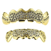 14k Gold Plated Bling Grillz Set Stone Cluster Top And Bottom Hip Hop Teeth Upper & Lower Grills