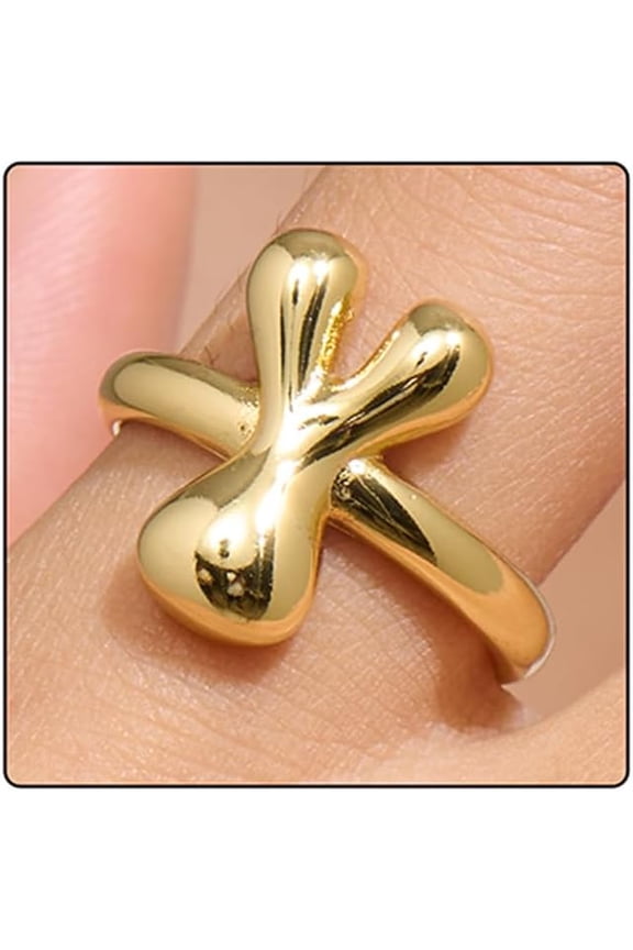 14k Gold Plated Bubble Letters Ring For Women，Dainty Balloon Initial Letter Adjustable Charm Rings Open Simple Alphabet A-Z Fashion Gift Jewelry