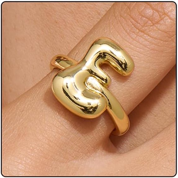 14k Gold Plated Bubble Letters Ring For Women,Dainty Balloon Initial Letter Adjustable Charm Rings Open Simple Alphabet A-Z Fashion Gift Jewelry