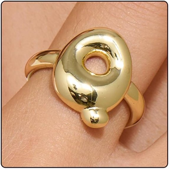 14k Gold Plated Bubble Letters Ring For Women,Dainty Balloon Initial Letter Adjustable Charm Rings Open Simple Alphabet A-Z Fashion Gift Jewelry