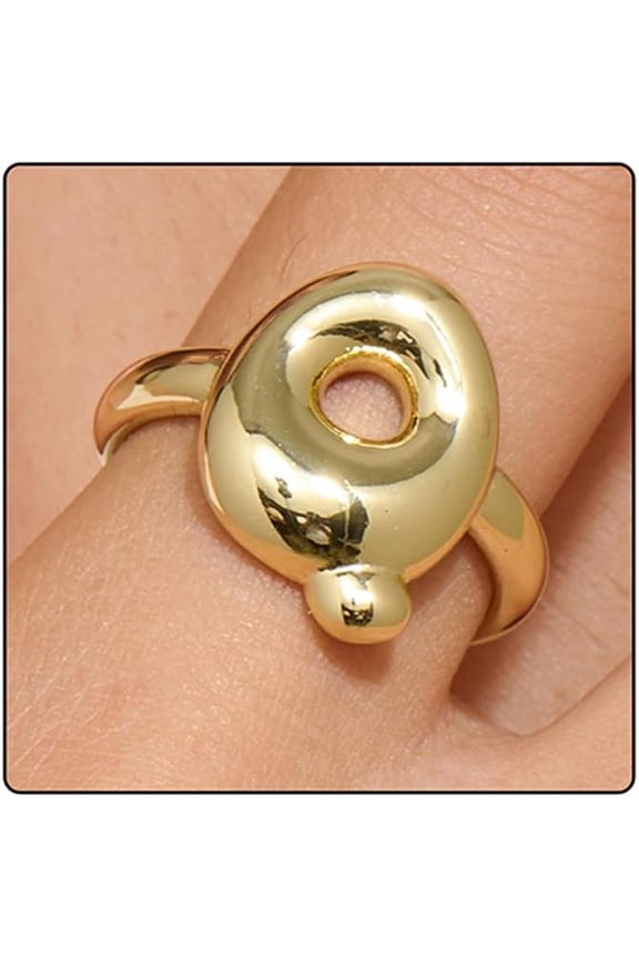 14k Gold Plated Bubble Letters Ring For Women，Dainty Balloon Initial Letter Adjustable Charm Rings Open Simple Alphabet A-Z Fashion Gift Jewelry