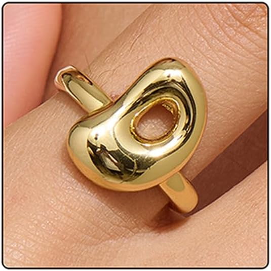14k Gold Plated Bubble Letters Ring For Women,Dainty Balloon Initial Letter Adjustable Charm Rings Open Simple Alphabet A-Z Fashion Gift Jewelry