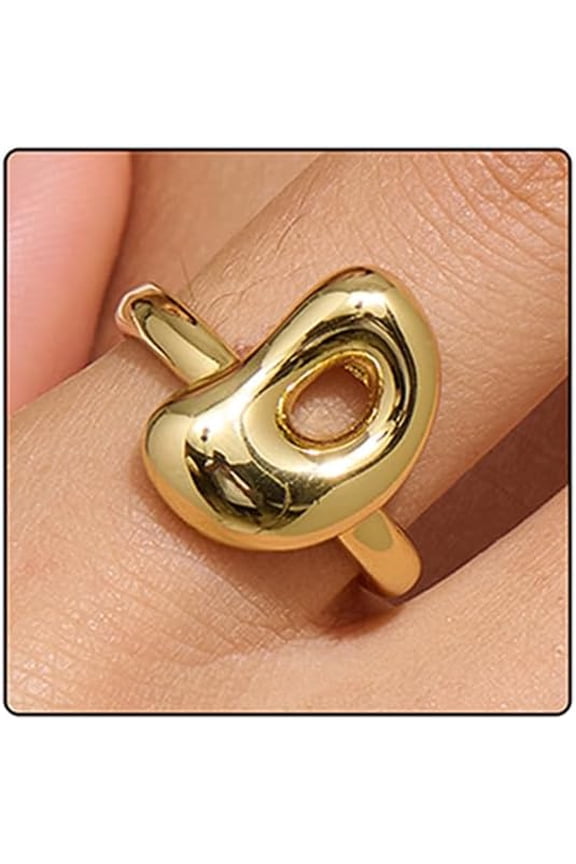 14k Gold Plated Bubble Letters Ring For Women，Dainty Balloon Initial Letter Adjustable Charm Rings Open Simple Alphabet A-Z Fashion Gift Jewelry