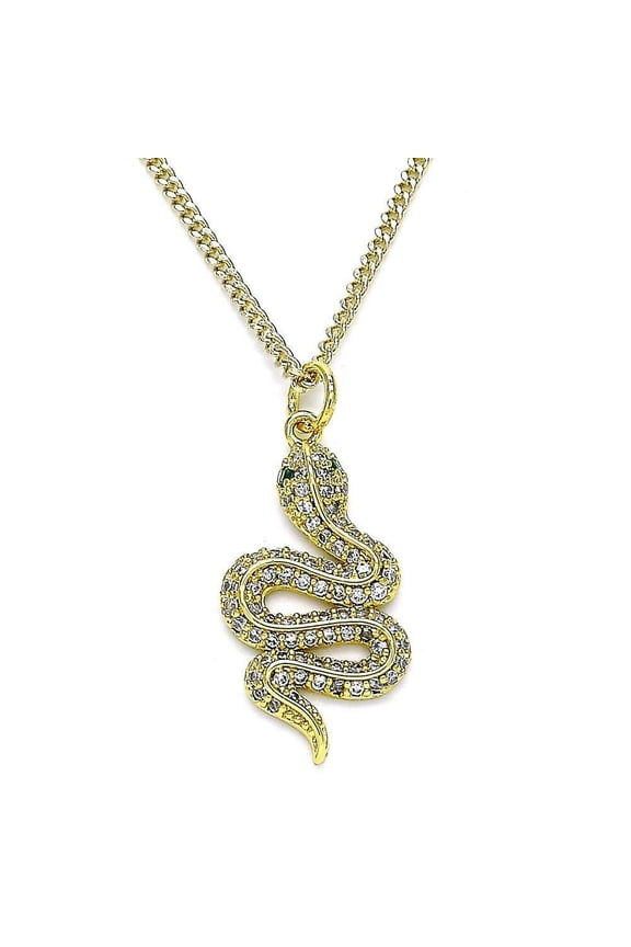 14k Gold Plated Coiled Snake Pendant W/ White Micropave Cz & 19" Link Chain