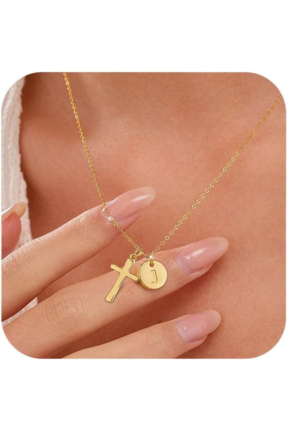 14k Gold Plated Cross Initial Necklaces for Women 925 Sterling Silver Disc Letter Name A-Z Pendant Necklace Christian Religious Faith Baptism Chain Jewelry Christmas Gifts to Daughter