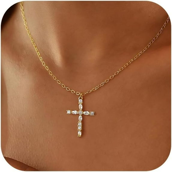 14k Gold Plated Cross Pendant Necklaces for Women Dainty Simple Love Heart Necklaces Trendy Gold Faith Cross Silver Adjustable Religious Necklace Jewelry Gifts for Her