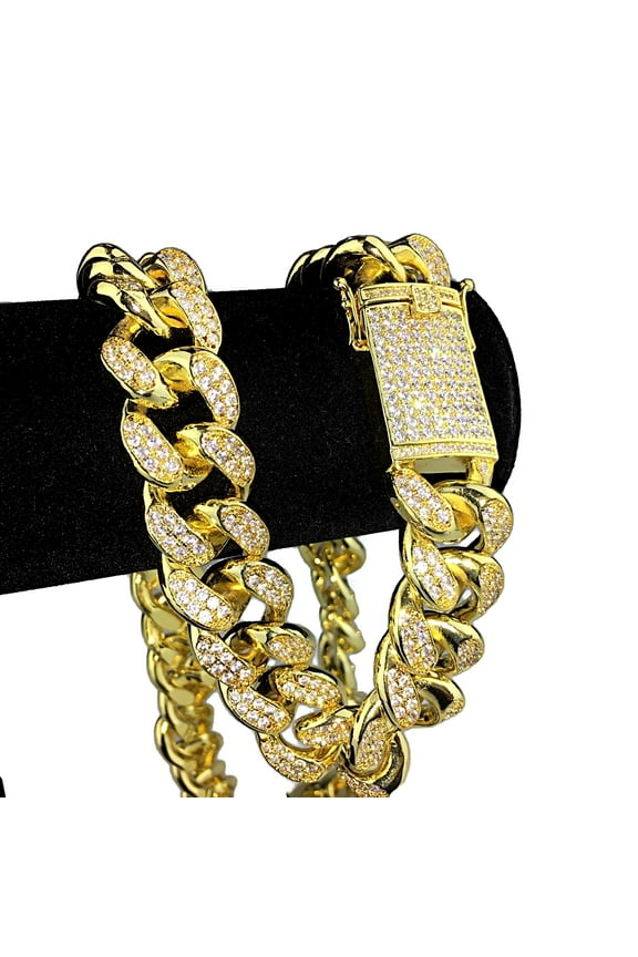 14k Gold Plated Cuban Chain Link Heavy Micro Pave 24" In x 19MM Hip Hop Necklace