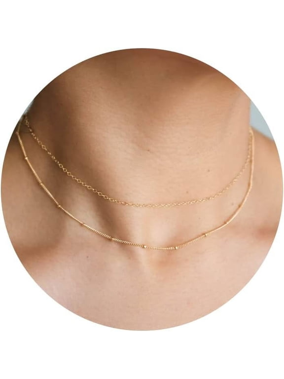 14k Gold Plated Dainty Layered Choker Necklace for Women - Trendy Satellite Thin Beaded Discs Paperclip Chain, Simple Gold Layered Jewelry