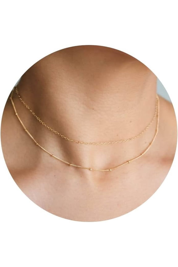 14k Gold Plated Dainty Layered Choker Necklace for Women - Trendy Satellite Thin Beaded Discs Paperclip Chain, Simple Gold Layered Jewelry