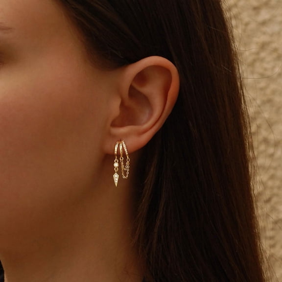 14k Gold Plated Dangle Earrings for Women,1 pair Triple Huggie Stud Earrings Cute Statement Chain Earring Dainty Drop Earrings Trendy Jewelry