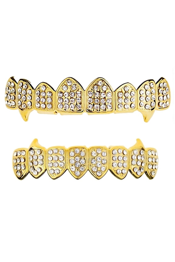 14k Gold Plated Fang Best Grillz Set Bling 16 pc Eight Top & 8 Bottom Teeth Hip Hop Mens Vampire Grills