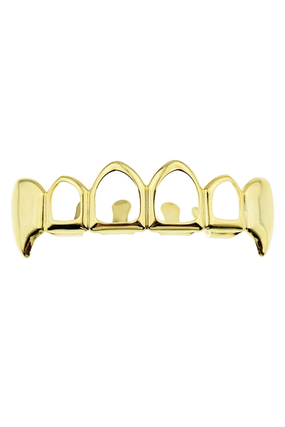 14k Gold Plated Fang Grillz Four 4 Open Face Teeth Upper Top Row Vampire Fangs