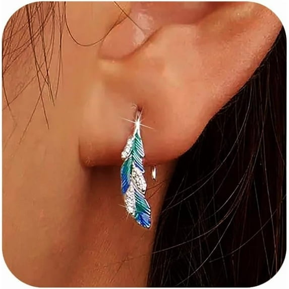 14k Gold Plated Feather Filigree Hoop Earrings for Women Cute 925 Sterling Silver Post Leaf with CZ Animals Huggie Earring Women's Round Hypoallergenic Earring Jewelry Gifts to Daughter