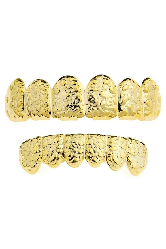 14k Gold Plated "Gold Nugget" Design Grillz Set Top & Bottom Teeth Hip Hop Mouth Pre-Made Grills