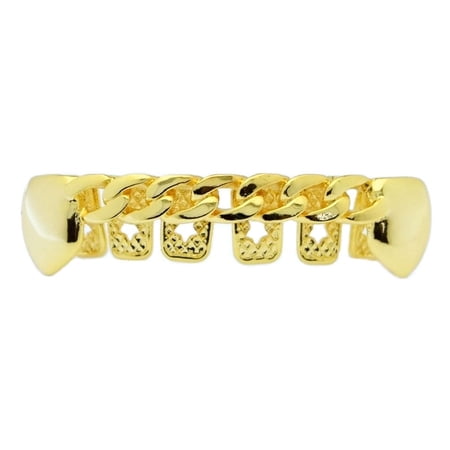 14k Gold Plated Grillz Cuban Link Plain Lower Bottom Teeth Row Hip Hop Rapper Grills