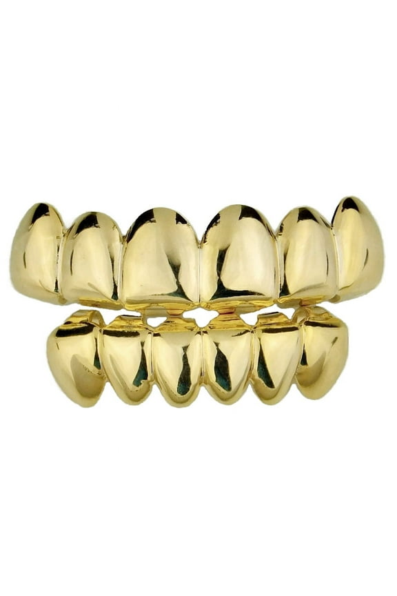 14k Gold Plated Grillz Set Deeper-Cut Grill 6 Top & Six Bottom Teeth Pre-Made Hip Hop Grills