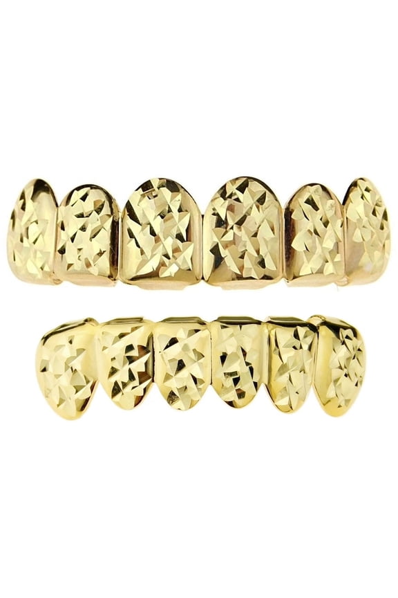 14k Gold Plated Grillz Set Diamond-Cut Bling Grill Top & Bottom Teeth Hip Hop Mouth Grills