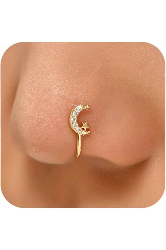 14k Gold Plated Heart Crystal Nose Rings for Women Dainty 925 Sterling Silver Cross Moon Star CZ Fake Nose Ring Cute U Shaped Hypoallergenic Nostril Nose Piercings Jewelry Gifts for Mom