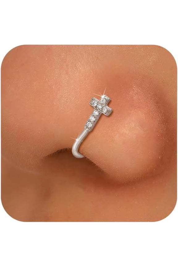 14k Gold Plated Heart Crystal Nose Rings for Women Dainty 925 Sterling Silver Cross Moon Star CZ Fake Nose Ring Cute U Shaped Hypoallergenic Nostril Nose Piercings Jewelry Gifts for Mom