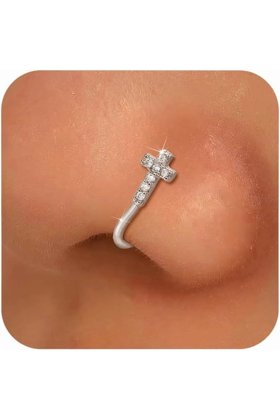 14k Gold Plated Heart Crystal Nose Rings for Women Dainty 925 Sterling Silver Cross Moon Star CZ Fake Nose Ring Cute U Shaped Hypoallergenic Nostril Nose Piercings Jewelry Gifts for Mom