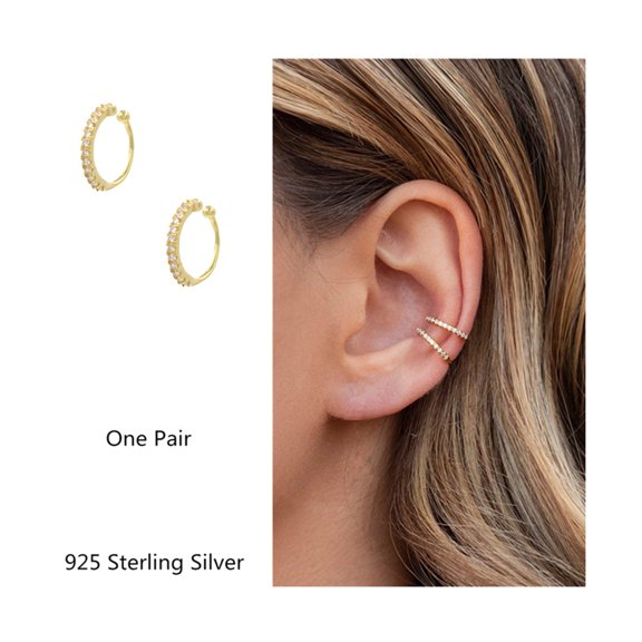 14k Gold Plated Hoop Earrings for Women 925 Sterling Silver Fake Hoop Earring Cubic Zirconia CZ Ear Cuff Small Non Pierced Ear Pods Clip On Earrings for Women