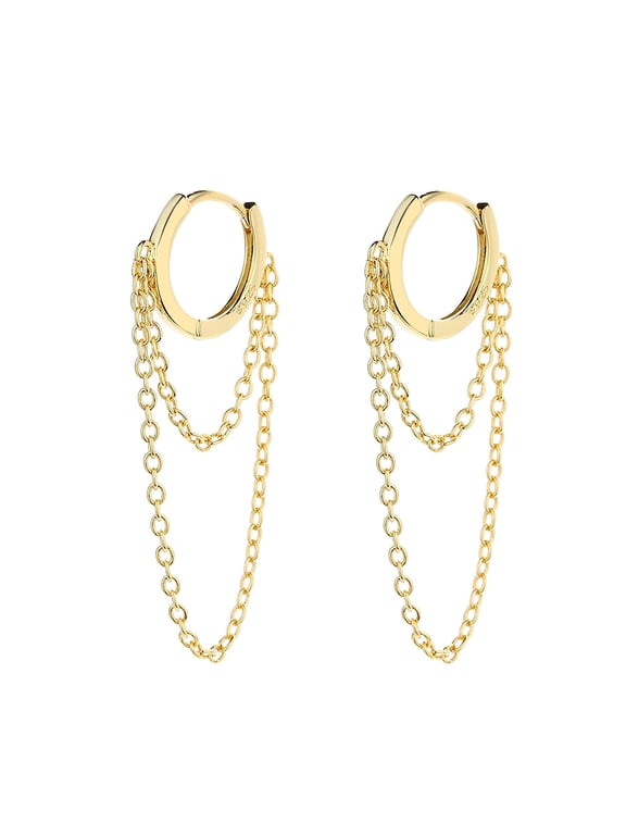 14k Gold Plated Huggie Hoop Double Chain Earring