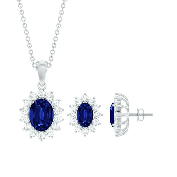 Rosec Jewels Lab Created Blue Sapphire Earrings and Necklace Set - Sterling Silver Sapphire Jewelry Set - September Birthstone