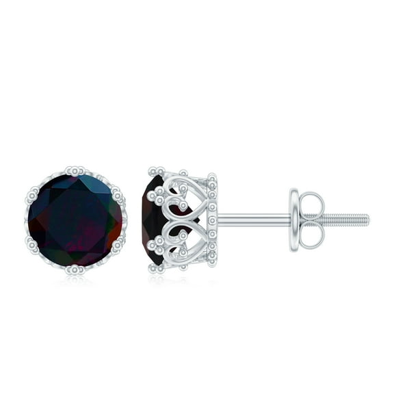 Rosec Jewels Black Opal Stud Earrings in Silver (AAAA Grade) - 6 mm Round Opal Earrings for Women - Ready to Gift for Valentines