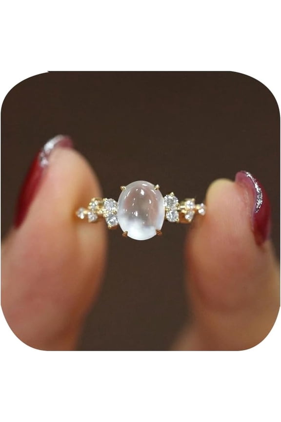 14k Gold Plated Oval Simulated Moonstone Moon Ring Delicate Cubic Zirconia Eternity Engagement Promise Stackable Rings Anniversary Birthday Valentine's Day Gift for Women Comfort Fit(Size 9))