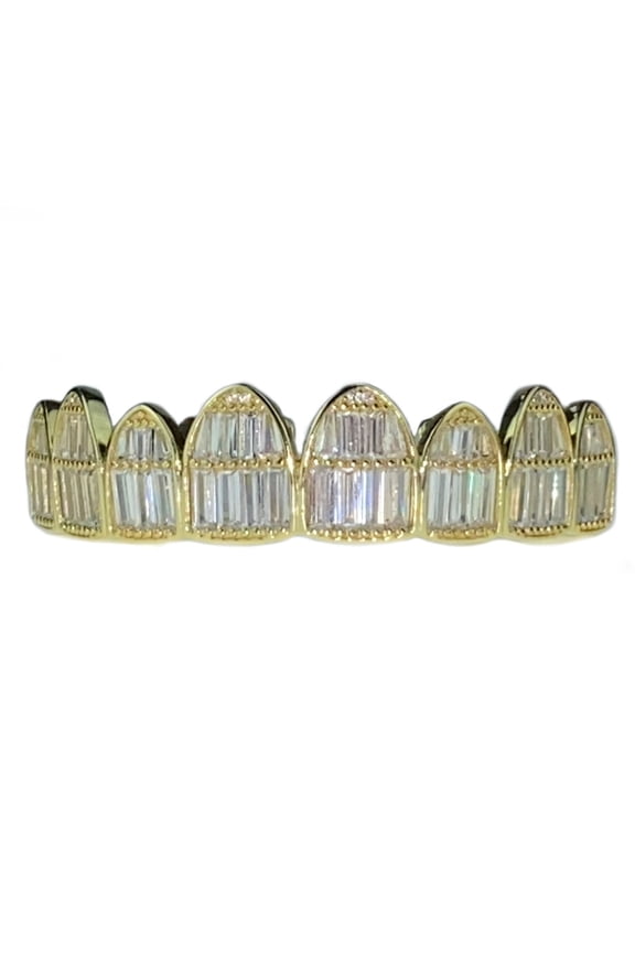 14k Gold Plated Over Real Solid 925 Sterling Silver Grillz Iced Baguette Top 8 Eight Teeth Pre-made Grills