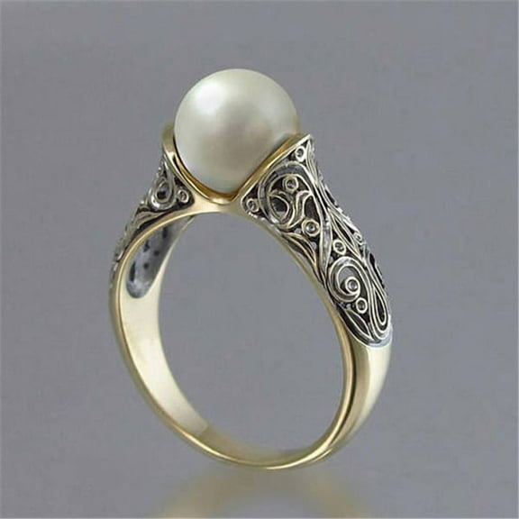 14k Gold Plated Pearl Women's Ring Handmade Freshwater Aquaculture Pearl Single Stone Ring Fashion Engagement Wedding Jewelry(Size 7)