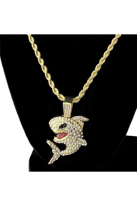 14k Gold Plated Shark Pendant Chain Iced Hip Hop Micro Pave Charm 24" Inch Rope Necklace