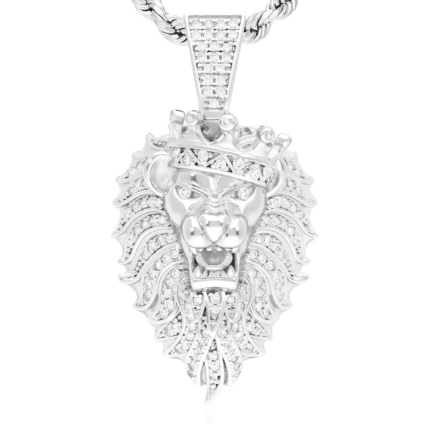 14k Gold Plated Silver Simulated Diamond Lion Crown Face Charm Pendant ...