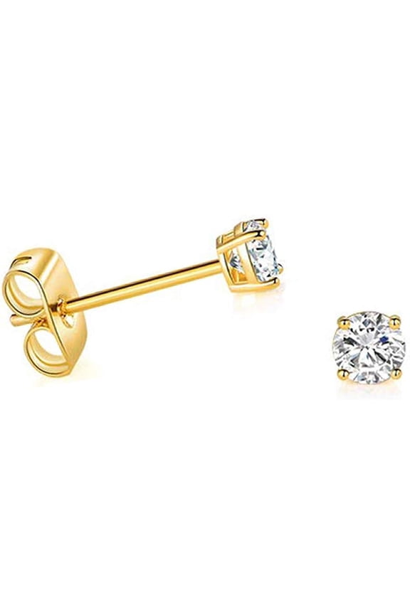 14k Gold-Plated Solitaire Round Cubic Zirconia Stud Earrings with 14k Gold-Plated Butterfly Press-Backing