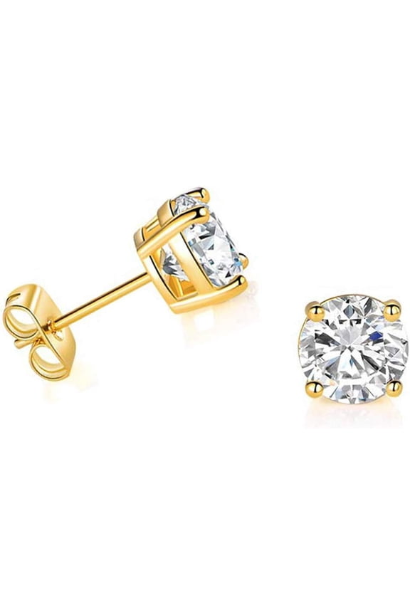 14k Gold-Plated Solitaire Round Cubic Zirconia Stud Earrings with 14k Gold-Plated Butterfly Press-Backing