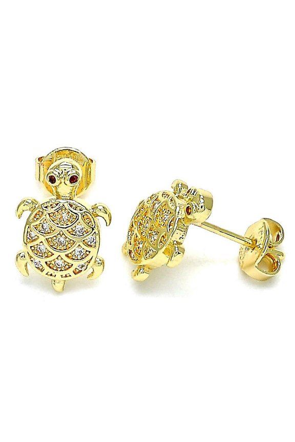 14k Gold Plated Stud Earrings Turtle Design With White Micro Pave Cz
